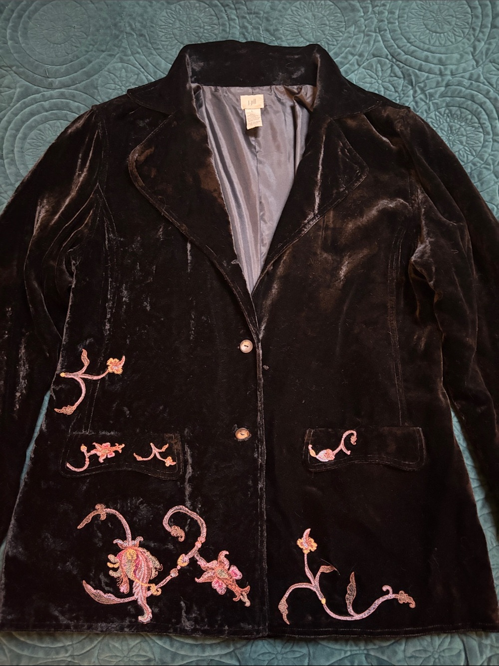 J. Jill Black Velvet Blazer with Pink Floral Embroidery